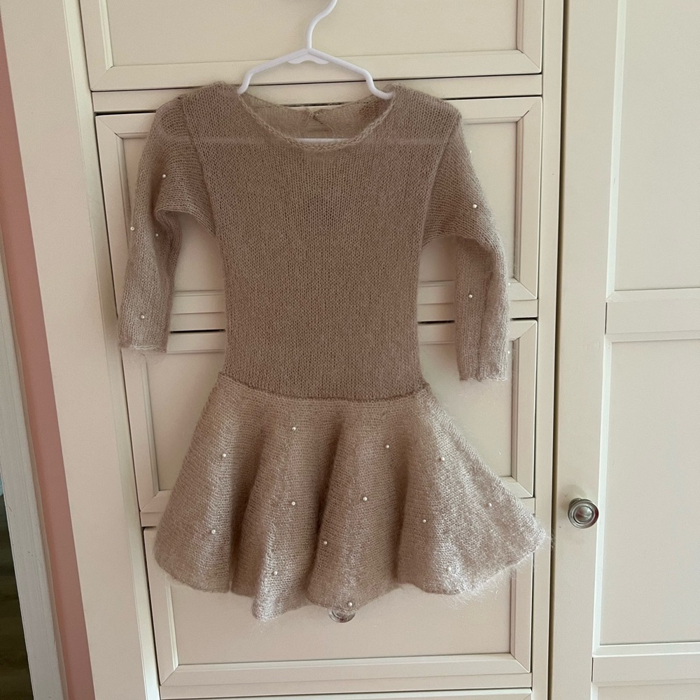 Pana  Elegant Tan Knit Dress with Pearls